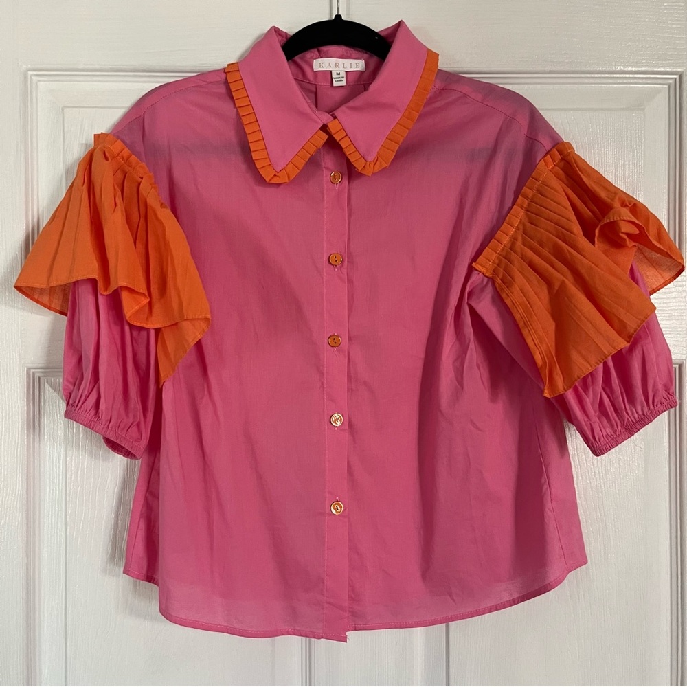 Karlie Pink and Orange Puff Sleeve Button-Up Top - Picture 2 of 7
